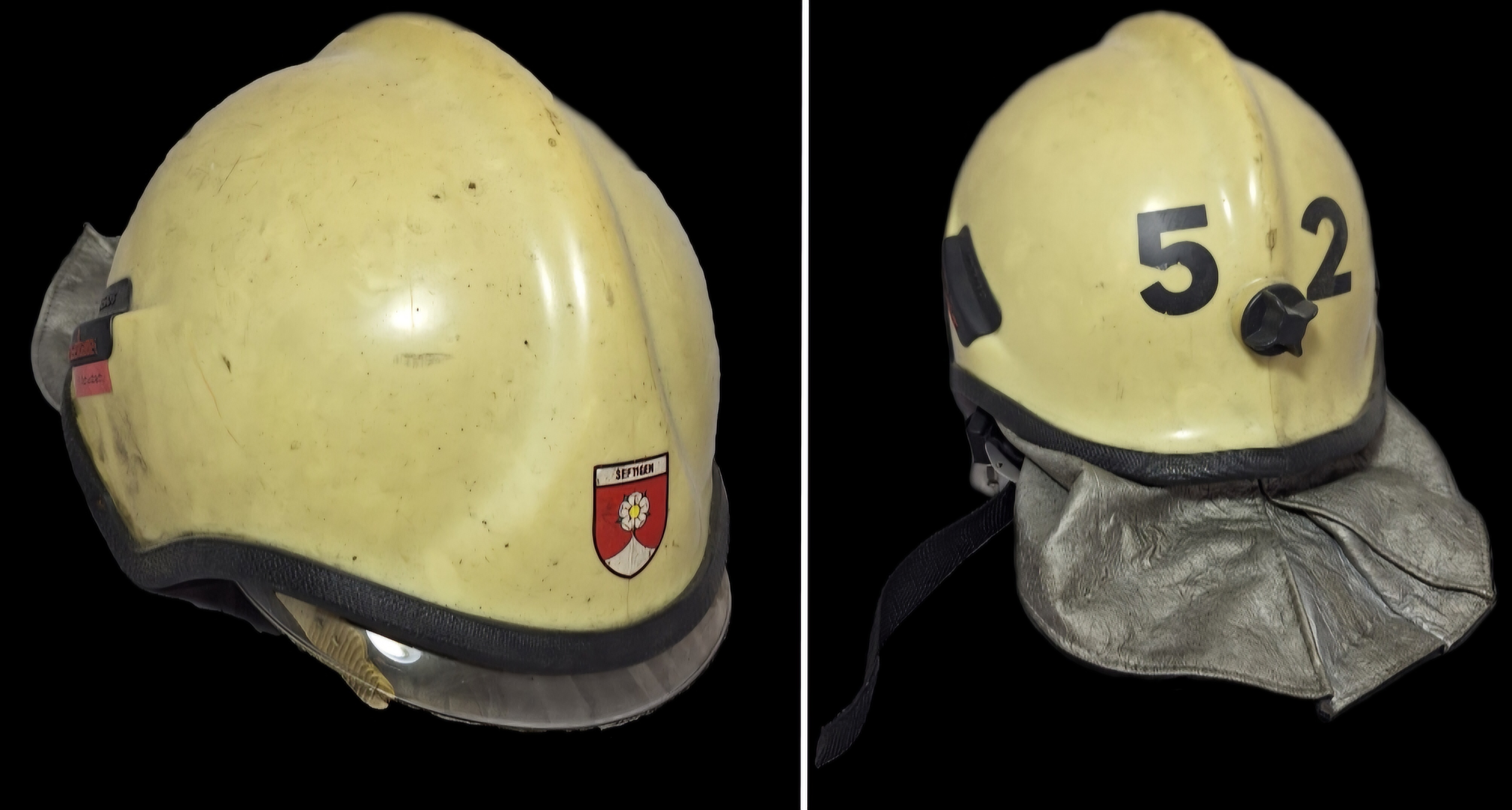 ~121 Feuerwehrhelm Schweiz CH Gemeinde Seftigen beige No. 52 Rosenbauer Helm