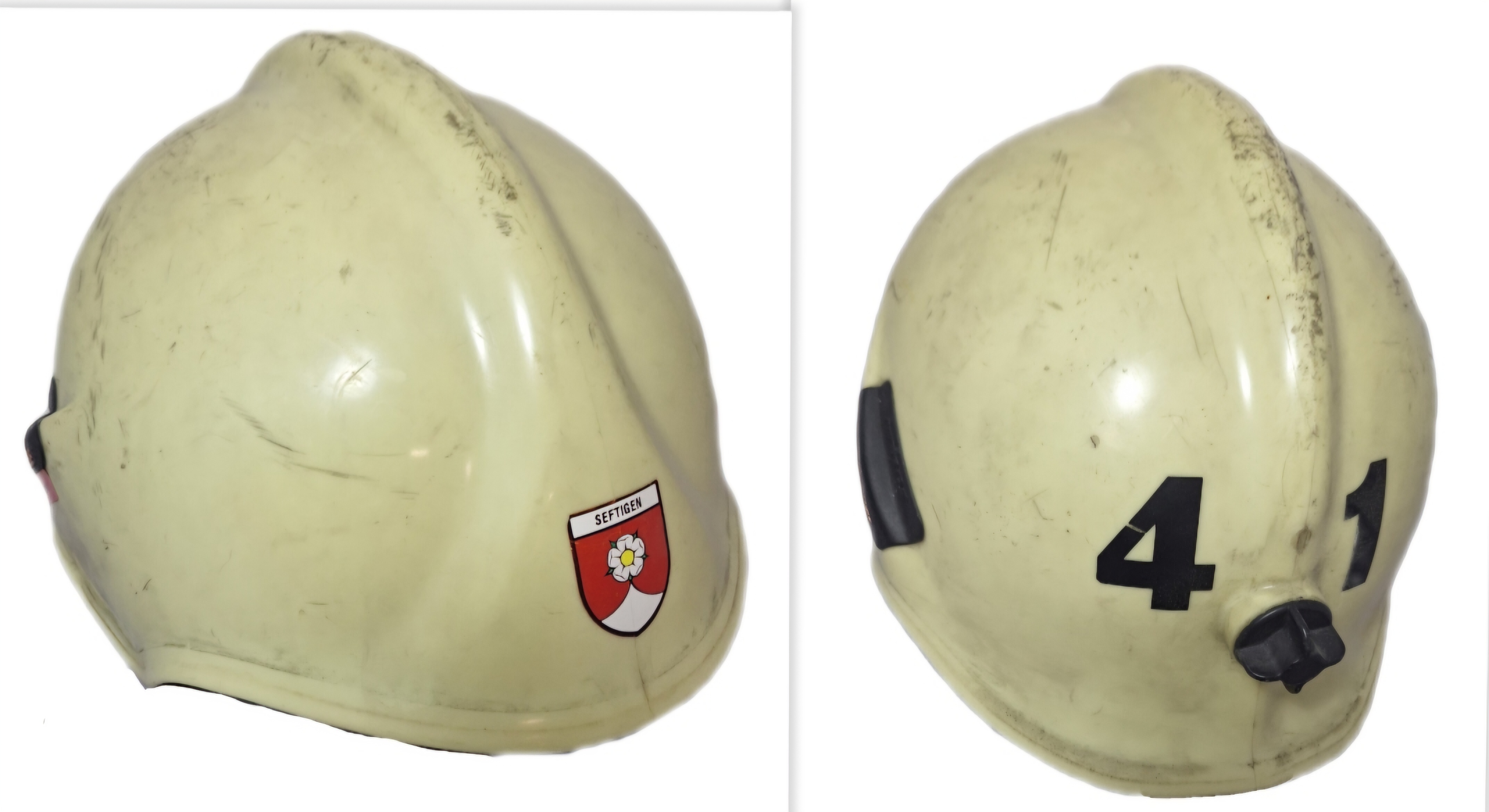 ~125 Feuerwehrhelm Schweiz CH Gemeinde Seftigen beige No. 41 Rosenbauer Helm
