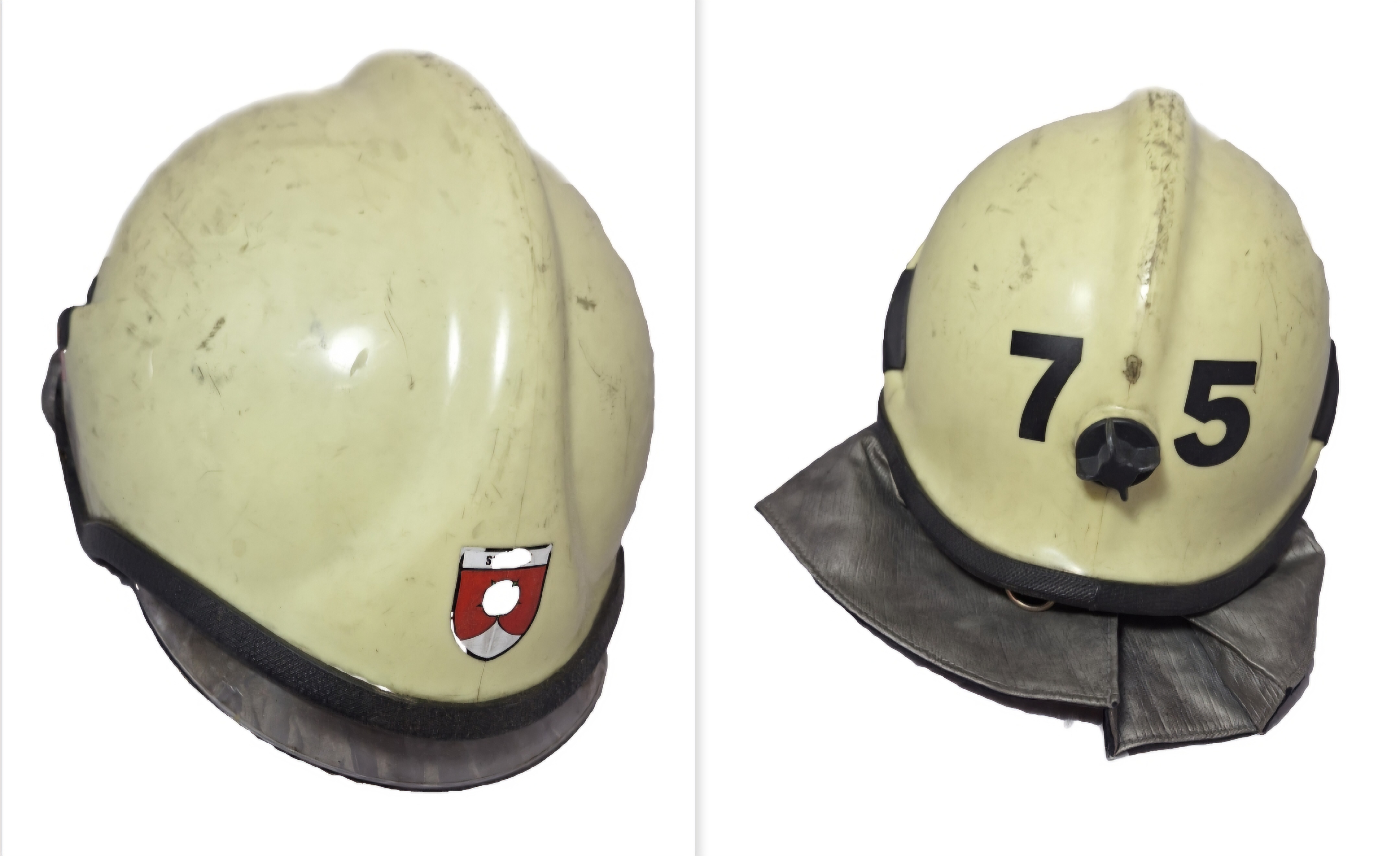 ~126 Feuerwehrhelm Schweiz CH Gemeinde Seftigen beige No. 75 Rosenbauer Helm