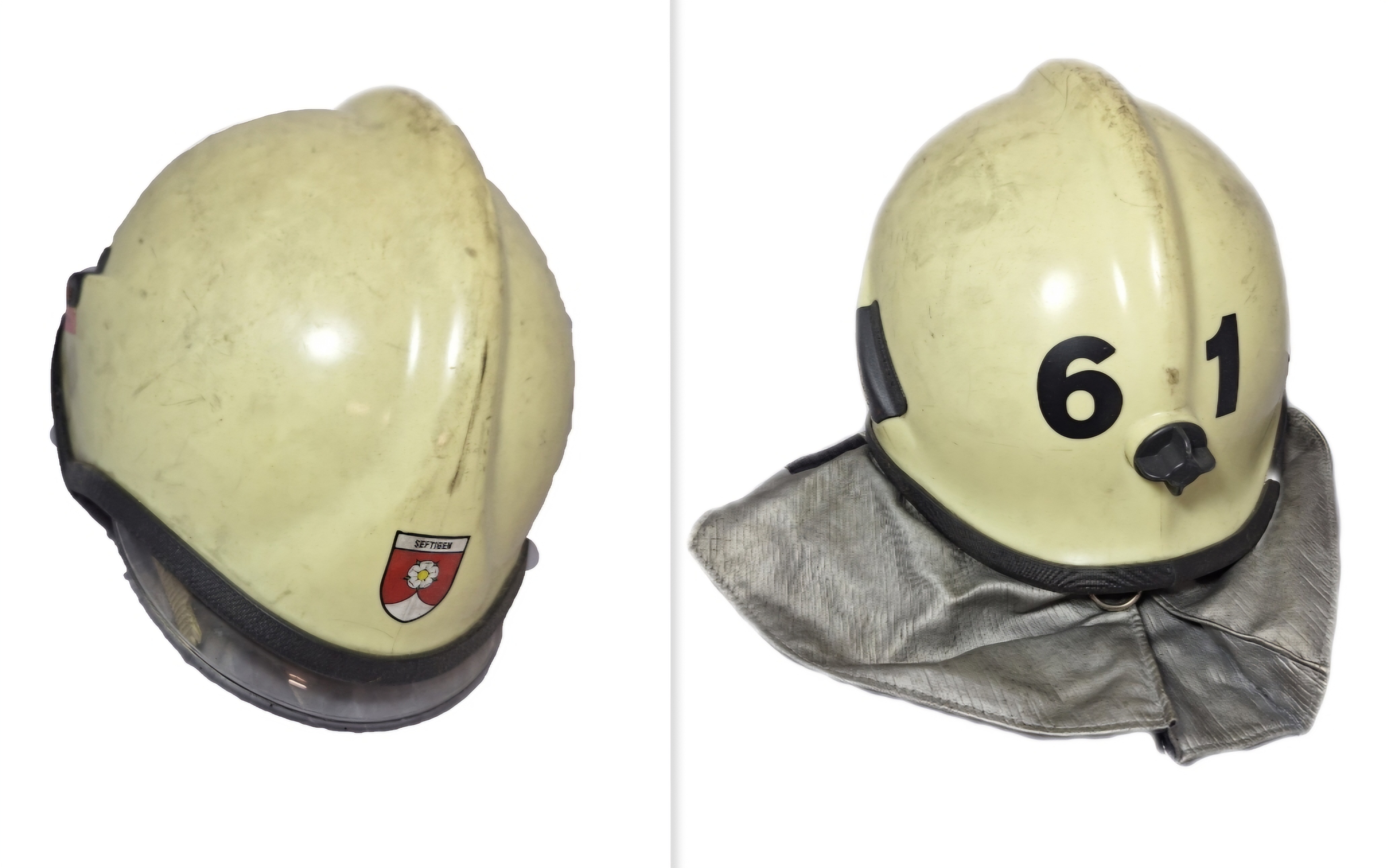 ~127 Feuerwehrhelm Schweiz CH Gemeinde Seftigen beige No. 61 Rosenbauer Helm